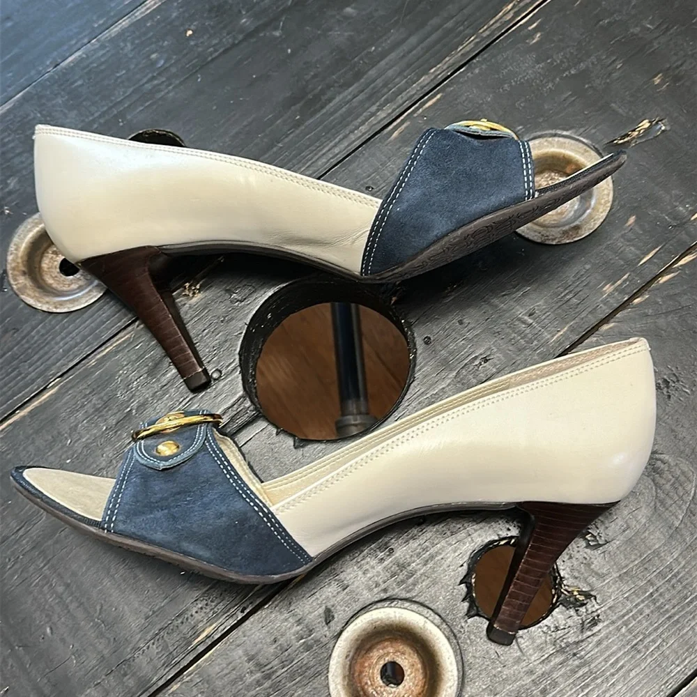 Talbots Navy and Cream Two-Tone Leather and Suede Peep Toe Heels